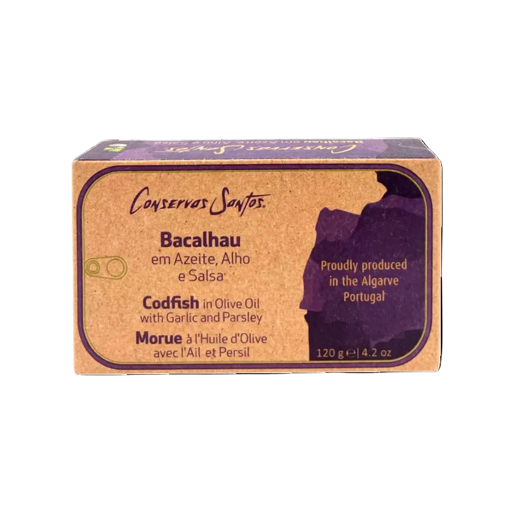 Fintastic Provisions, Conservas Santos Codfish in Olive Oil with Garlic + Parsley, tinned fish