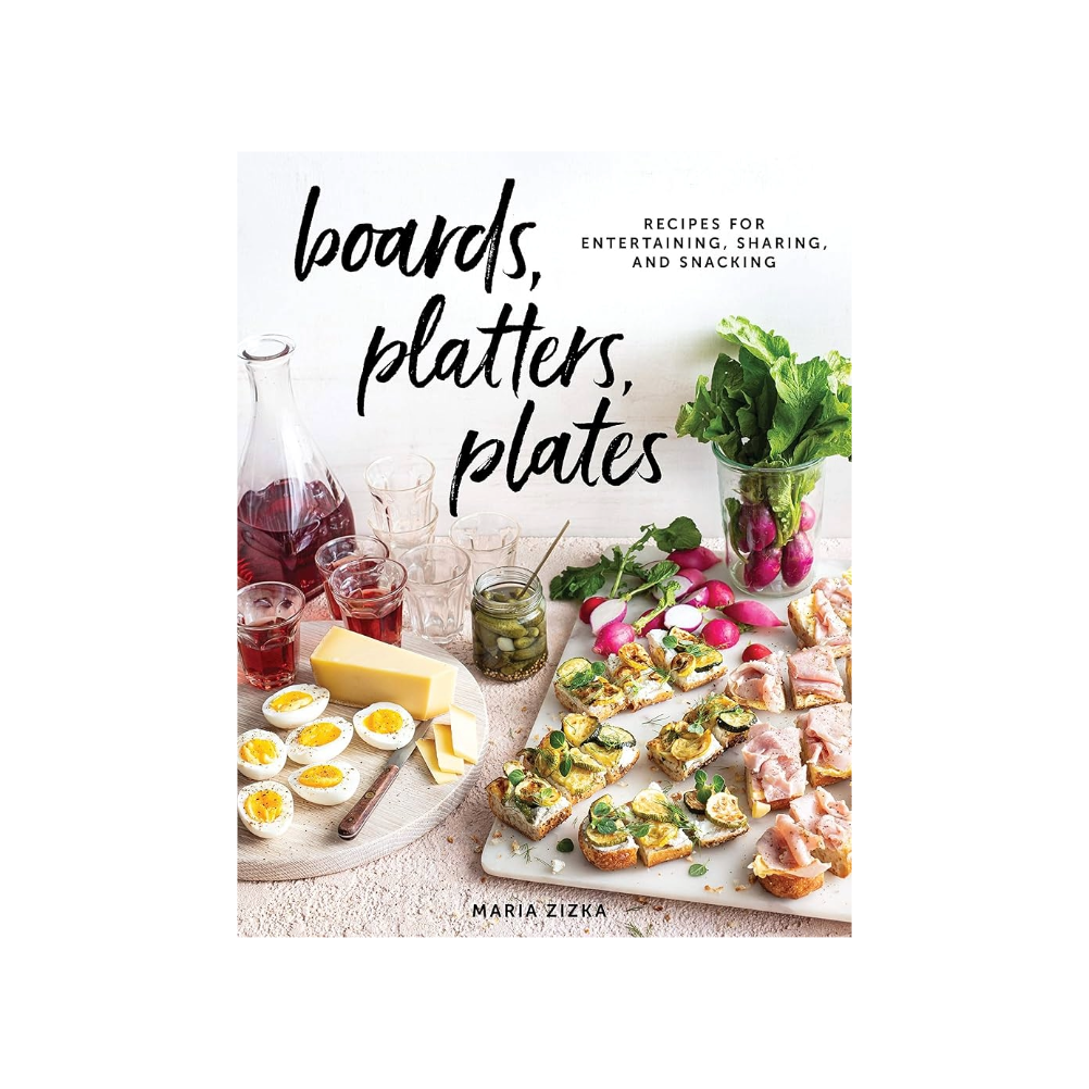 Book cover of 'Boards, Platters, Plates' with food images and text.