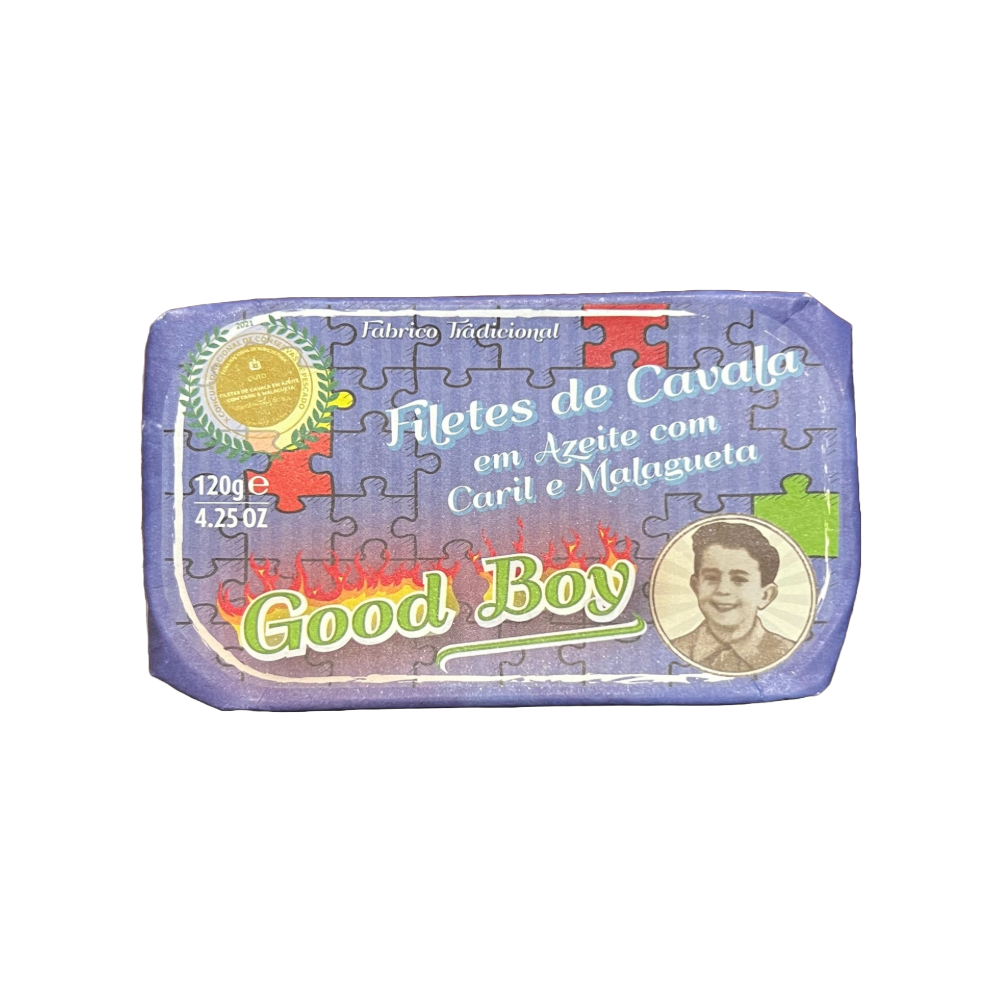 Tinned fish, Mackerel with Curry + Piri Piri by Good Boy brand.