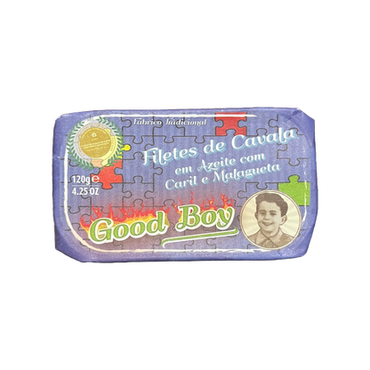 Tinned fish, Mackerel with Curry + Piri Piri by Good Boy brand.