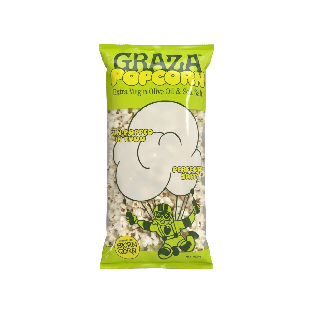 Graza x Bjorn Qorn Popcorn with EVO + Sea Salt, gourmet groceries, fintastic provisions