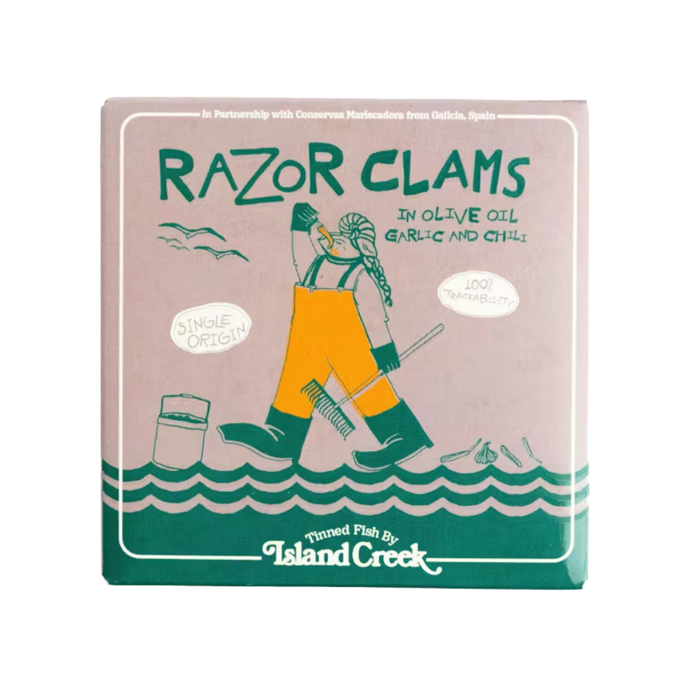 Razor Clams by Island Creek in olive oil, garlic and chili, tinned fish, conservas, Fintastic Provisions