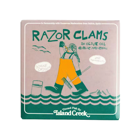 Razor Clams by Island Creek in olive oil, garlic and chili, tinned fish, conservas, Fintastic Provisions