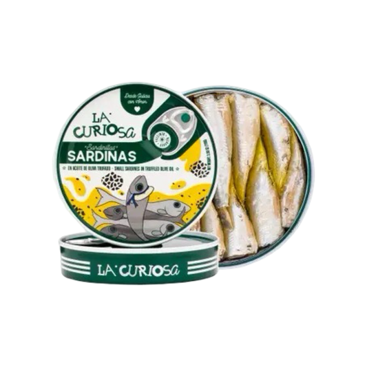 Tin of La Curiosa sardines with truffle infused olive oil, tinned fish, conservas, Fintastic Provisions