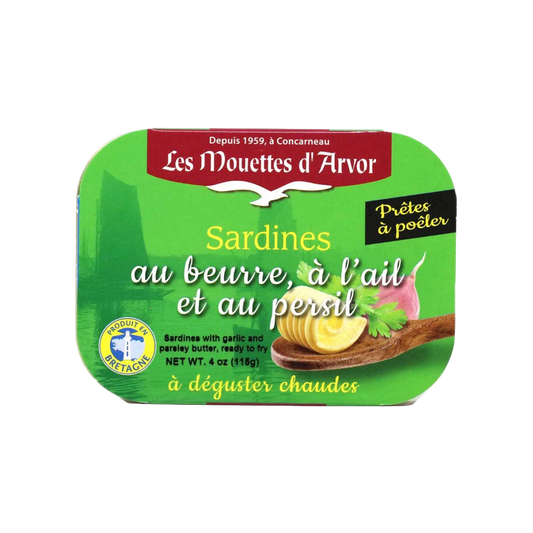 Tinned fish, Sardines in Butter, Garlic + Parsley by Les Mouettes d'Arvor