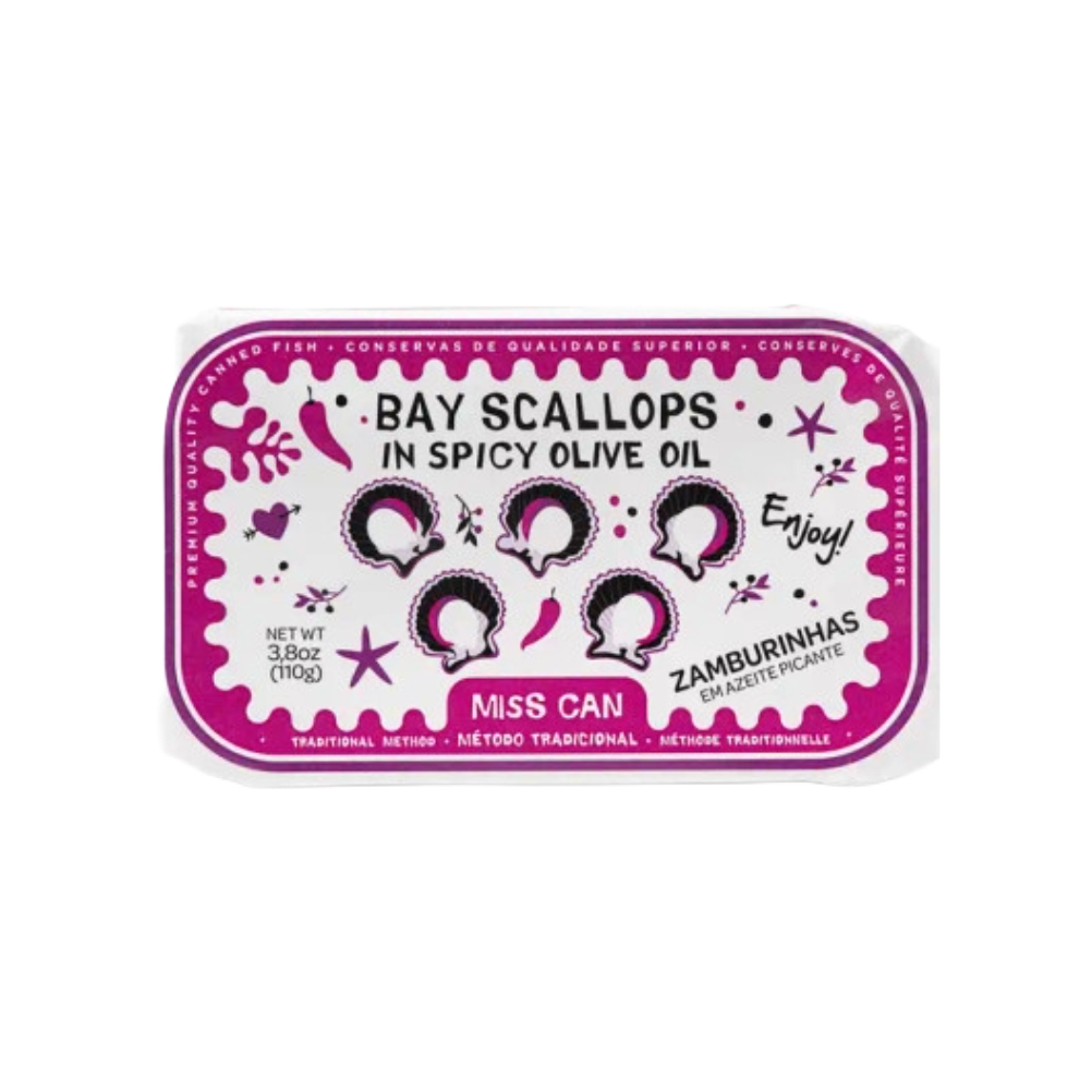 Packaging of Bay Scallops in Spicy Olive Oil, tinned fish, conservas