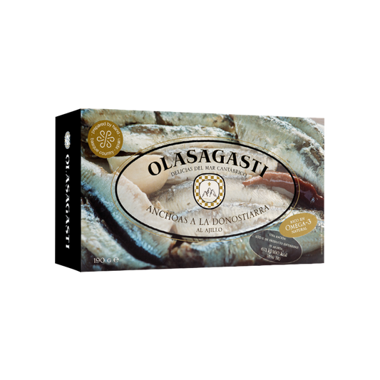 Tinned fish anchovies with cayenne pepper and garlic by Olasagasti