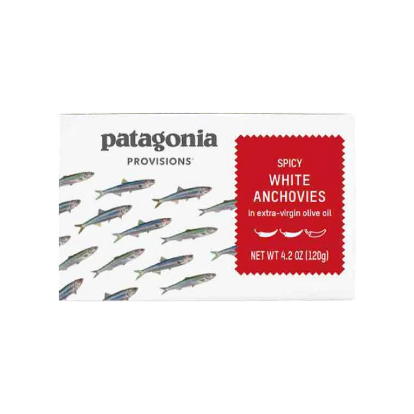 Tinned fish, Spicy White Anchovies in EVOO by Patagonia.