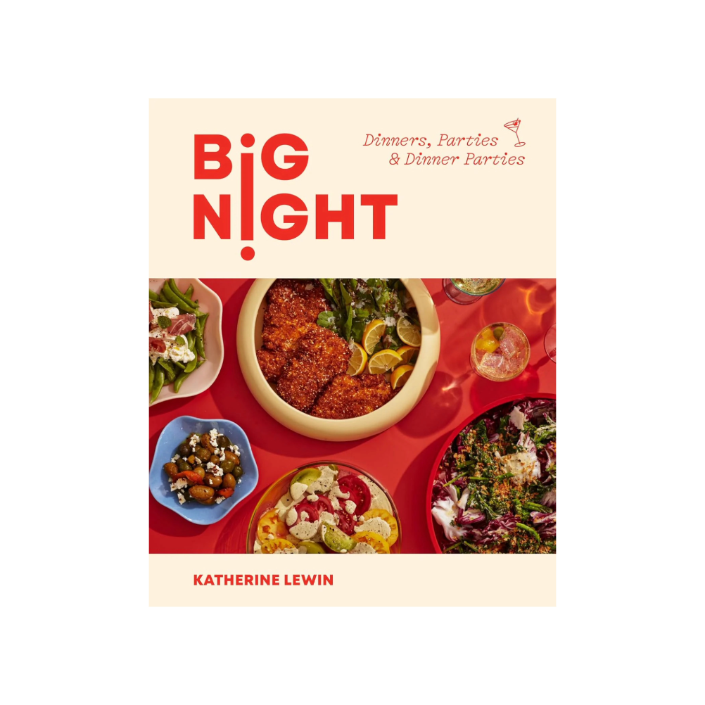 Book cover of 'Big Night' by Katherine Lewin with food images on a red background
