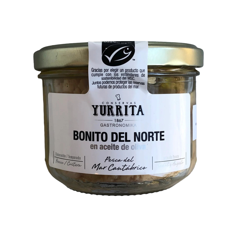 Jar of Yurrita Bonito del Norte with Piquillo Peppers In Glass Jar. Conservas, tinned fish