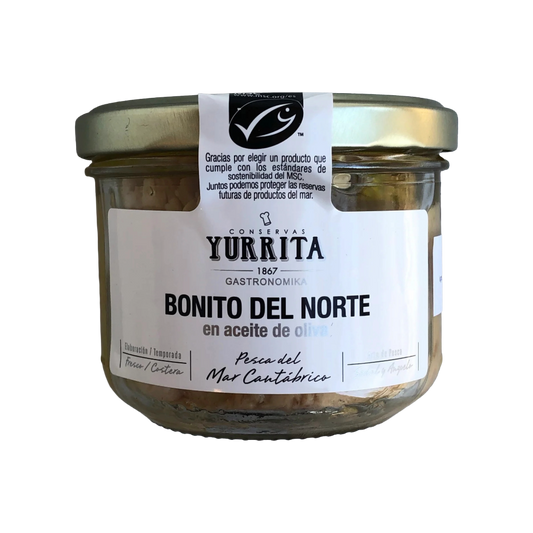 Jar of Yurrita Bonito del Norte with Piquillo Peppers In Glass Jar. Conservas, tinned fish